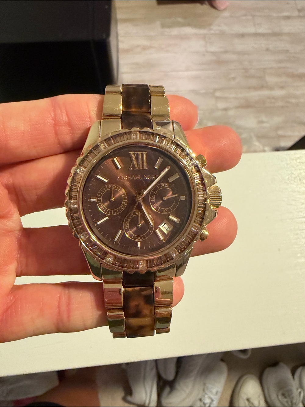 Michael Kors Gold and Tortoise Resin Link Chronograph Watch